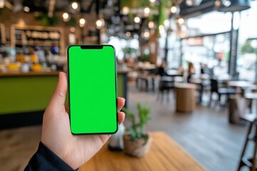 Hand Holding Smartphone with Green Screen Display in Modern Coffee Shop Interior with Stylish Decor and Cozy Ambiance for Digital Content Creation