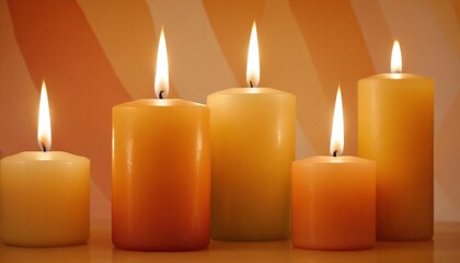 A selection of candles of varying heights and colors, glowing softly against an abstract, light-filled background	
