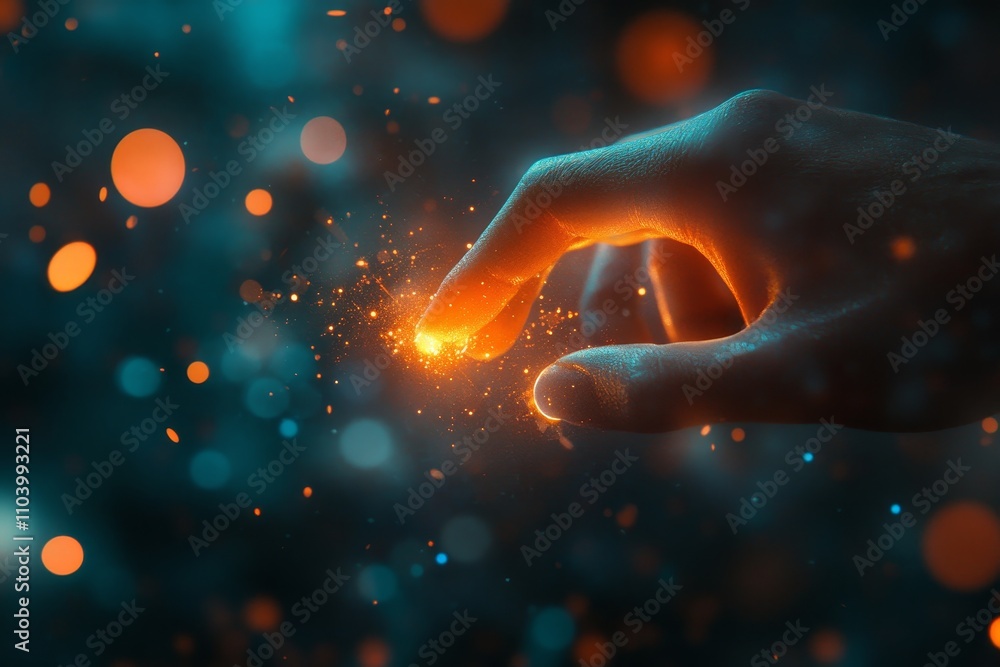 Poster hand reaching out to sparkles and light particles in a dreamy, mysterious environment with floating 