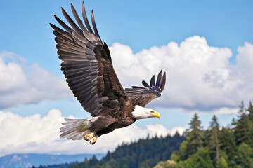 Obraz premium High-resolution image of a Bald Eagle soaring gracefully against a blue sky. This majestic bird of prey with its iconic white head sharp yellow beak and powerful wings, represents freedom and strength