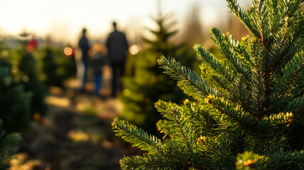 family enjoys day outdoors among lush green Christmas trees