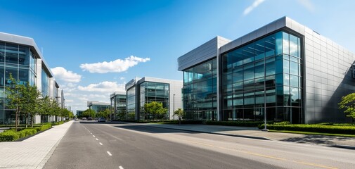 Contemporary Urban Skyline Symmetrical and Serene Modern Office Park with Reflective Glass Buildings and Paved Path, Business District Architecture, Bright Sunny Day - Ideal for Commercial Real