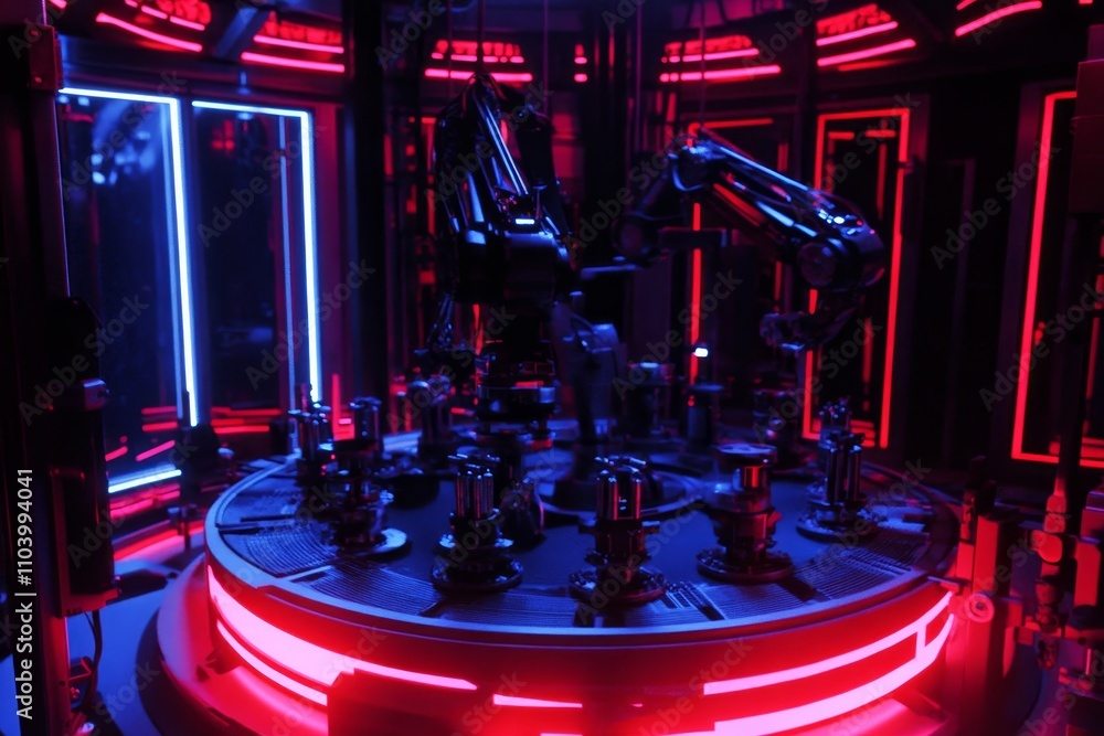 Poster high-tech robotics lab featuring advanced machinery with futuristic neon lighting and automated arms