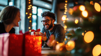 joyful man holding gift with festive decorations around him