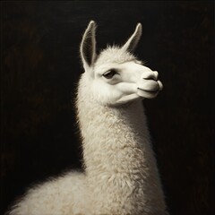 Obraz premium A detailed portrait of a fluffy white llama against a dark background.