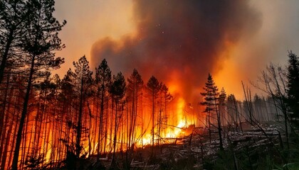 Wide-shot view of a ferocious wildfire spreading across a hillside, with intense flames engulfing...