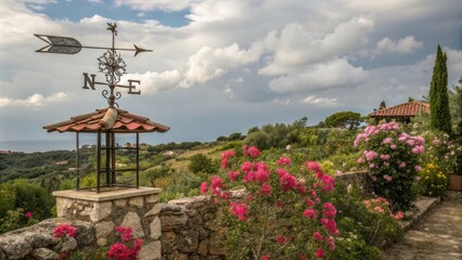 Weather Vane in a Vibrant Garden Showcasing Summer Blooms in August. Generative AI