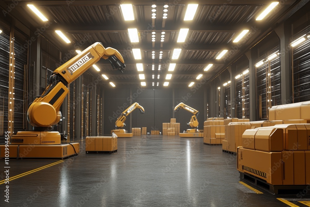 Aufkleber industrial warehouse featuring advanced robotic arms in action with storage boxes highlighting autom