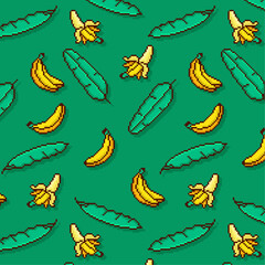 Banana and banana leaves pattern in pixel art illustration
