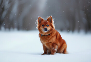 Small dog resting in the snowy woods