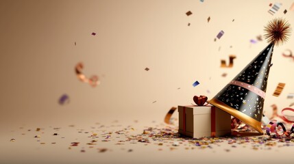 Xmas celebration scene festive party hats and gifts indoor setting party essentials cheerful atmosphere close-up view joyful vibes