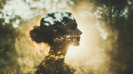 A woman in natural double exposure with rising sunlight, representing personal growth, belief, and positivity