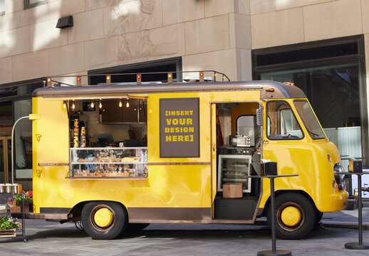 Bright Yellow Fast Food Truck Parked on a Bustling New York Street Corner. Menu Template Mockup
