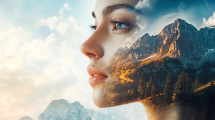 A woman s face in natural double exposure with blooming flowers, representing coping, intelligence, and personal growth