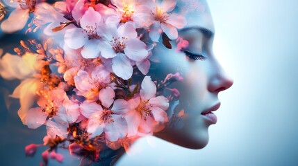 A woman s face in natural double exposure with blooming flowers, representing coping, intelligence, and personal growth