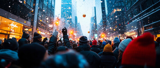 bustling holiday shopping crowd in snowy city street