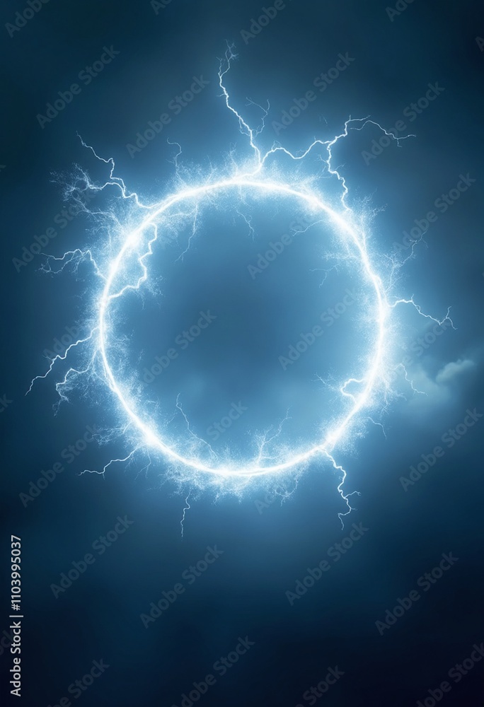 Poster white abstract plasma lightning ring with glowing particles swirling in dark sky fantasy concept art