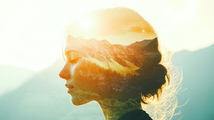 Confident woman in natural double exposure with mountains and sunlight, embodying self-care, growth, and unwavering belief