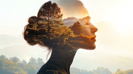 Confident woman in natural double exposure with mountains and sunlight, embodying self-care, growth, and unwavering belief