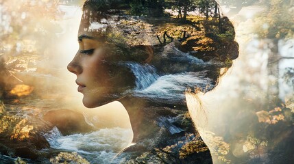 Double exposure of a calm woman and a flowing river, capturing the essence of transformation, inner clarity, and mindfulness