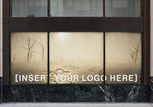 Storefront Design in New York With Empty Display Panels. PSD Mockup. One extended design only