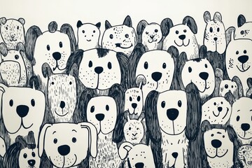Cute but very simple line drawn dogs, doodling with pen, pattern, on white background
