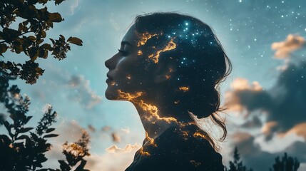 Mindful woman with her profile blending into a starry night sky through natural double exposure