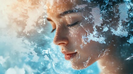 Mindful woman in natural double exposure with flowing water, embodying awareness, transformation, and inner clarity