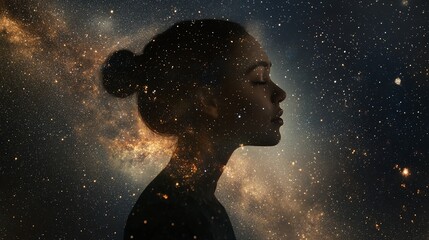 Mindful woman with her profile blending into a starry night sky through natural double exposure
