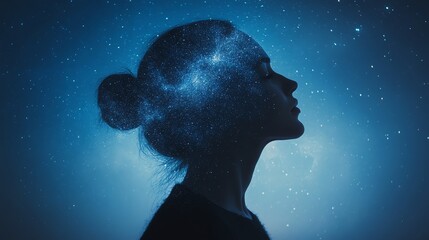Mindful woman with her profile blending into a starry night sky through natural double exposure