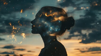 Mindful woman with her profile blending into a starry night sky through natural double exposure