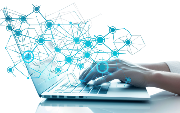 Person Using Laptop with Secure Network Connection Isolated on Transparent Background PNG.