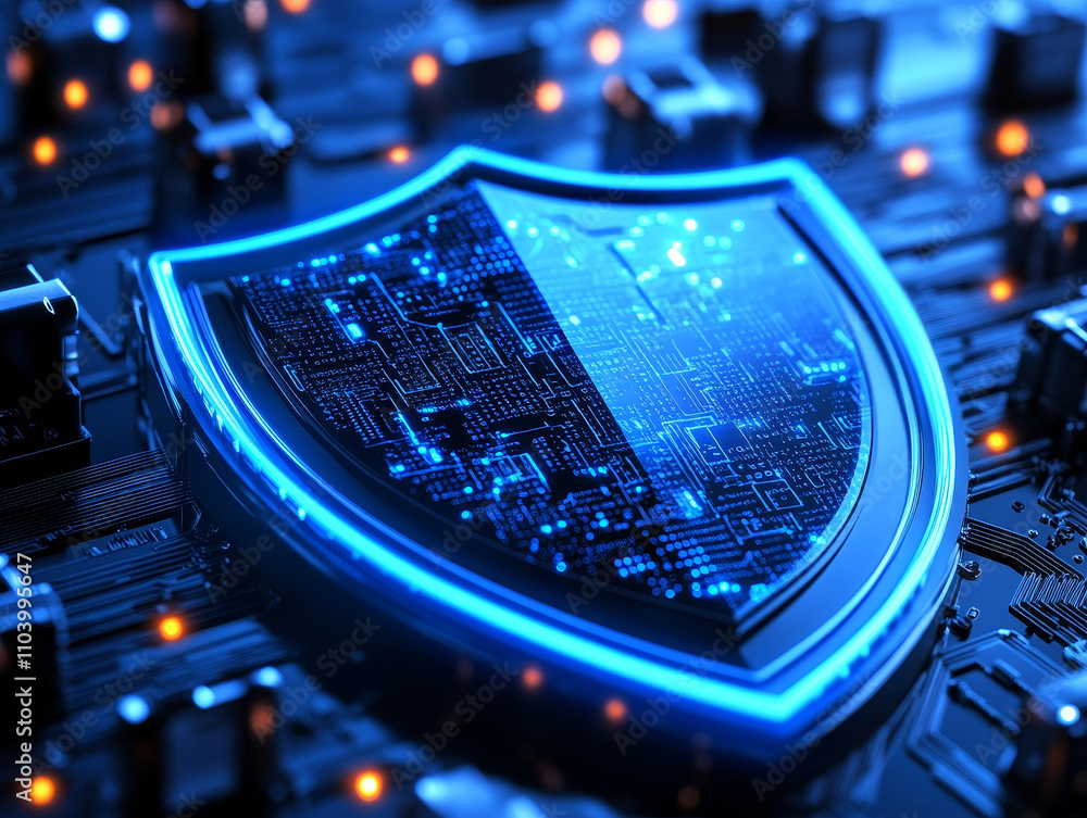 Poster blue neon shield icon symbolizes digital security, surrounded by intricate locks and circuit pattern