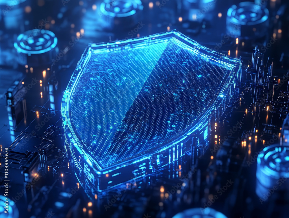 Poster blue neon shield icon symbolizes digital security, surrounded by floating encryption elements, repre