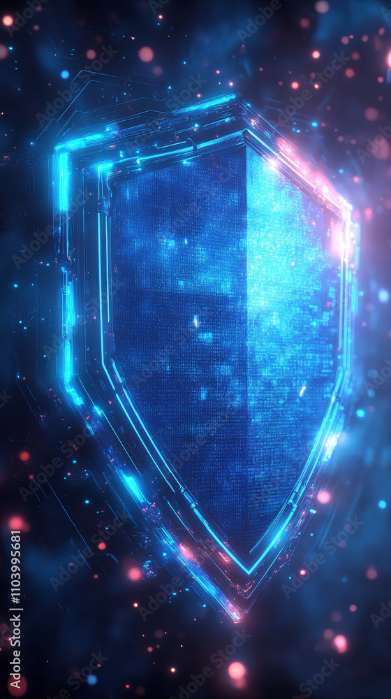 Poster blue neon shield icon illuminated by holographic data, creating futuristic and secure atmosphere. vi