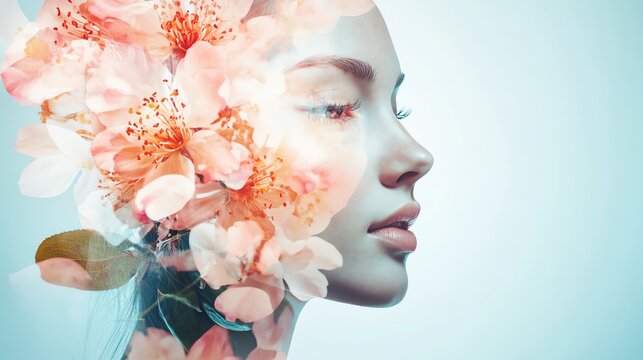 Natural double exposure of a confident woman intertwined with blossoming flowers, symbolizing growth, self-care, and belief in oneself