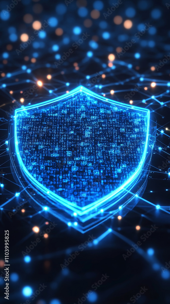 Poster blue neon shield icon symbolizes digital security, surrounded by network of encrypted data. this con