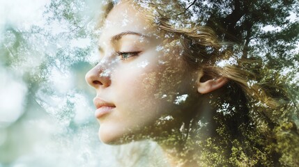 Serene woman in natural double exposure with sunlight and nature, embodying self-care, growth, and an empowered mindset