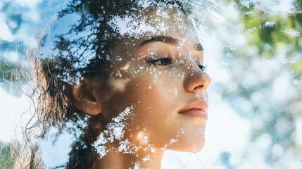 Serene woman in natural double exposure with sunlight and nature, embodying self-care, growth, and an empowered mindset
