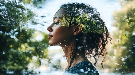 Serene woman in natural double exposure with sunlight and nature, embodying self-care, growth, and an empowered mindset