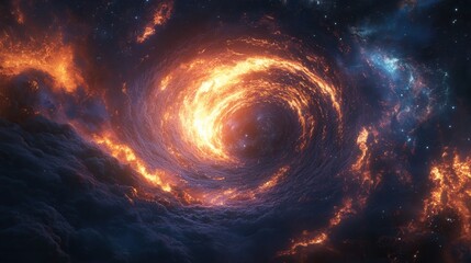 A swirling cosmic vortex radiates fiery hues against a backdrop of stars, evoking the mysteries of the universe.