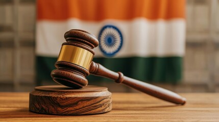 Elegant Wooden Gavel on Sound Block with Indian Flag, Legal Authority Symbol in Judiciary Setting Concept Law and Justice in India