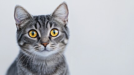 Obraz premium A gray and white domestic cat with striking yellow eyes