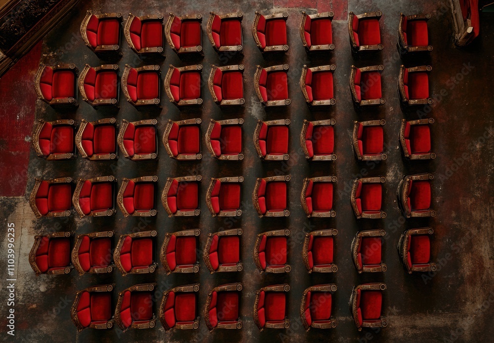 Poster aerial view of empty ornate red chairs arranged in order on a weathered floor in a vintage theatre s