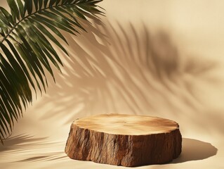 Flattened wooden tree stump thin disc, palm leaves shadowed on background beige wall, product showcase setup studio
