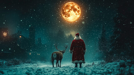 Obraz premium Santa Claus Meeting a Reindeer at Sunset in a Snowy Forest