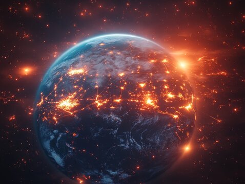 Green and blue earth, northern hemisphere, half of earth, europe, earth interwind in network, connection