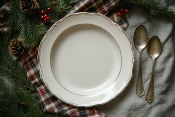 Empty white plate with Christmas decorations, spoon and fork, plaid ribbon, pine branches, and berries on grey background. Top view flat lay.