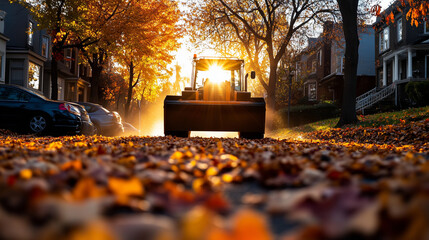 A front loader meticulously clears a thick blanket of golden and red leaves from a quiet residential street, framed by autumn trees glowing under bright sunlight.