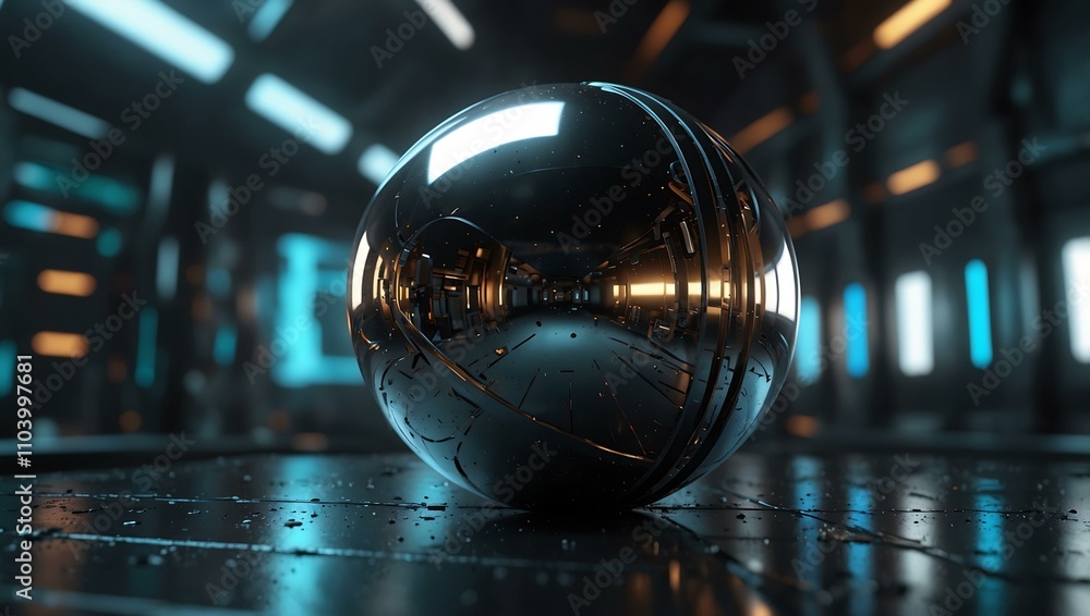 Poster 3d metallic sphere in a sci-fi setting with futuristic elements.